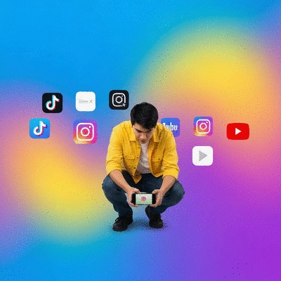 Person creating short-form video content on a smartphone, displaying various social media platform icons like TikTok, Instagram, and YouTube, with a vibrant, modern background. No text, no words, no typography, 8K, clean image.