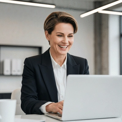 MLM entrepreneur looking at growth charts on a laptop, smiling