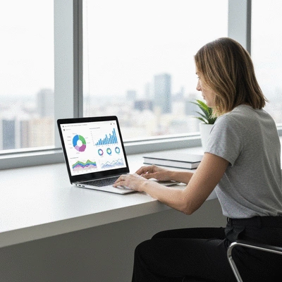 Person using a laptop with graphs and charts on screen, representing sales automation