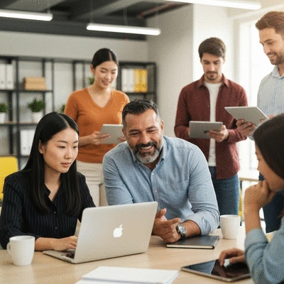 Diverse group of people collaborating online on laptops and tablets, illustrating social media team building