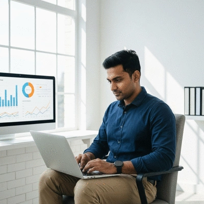 Person analyzing MLM market trends on a laptop, with charts and graphs