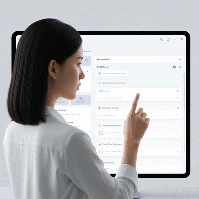 Person interacting with a clean, modern interface showing automation workflows, illustrating improved efficiency and streamlined processes.