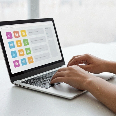 Close-up of hands typing on a laptop with a modern interface, illustrating automated tasks and efficient workflows, bright clean background, no text, no words, no typography, clean image