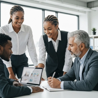 MLM team members collaborating on a laptop, showing mentorship and guidance