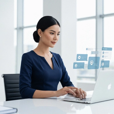 Business professional interacting with a chatbot on a laptop, symbolizing next steps for implementing a chatbot strategy