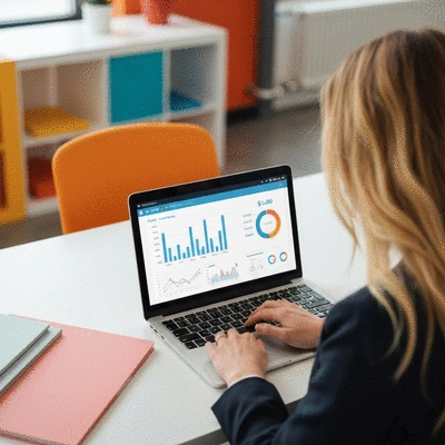 Person using a laptop to manage an online MLM business, with charts and graphs on screen, clean image