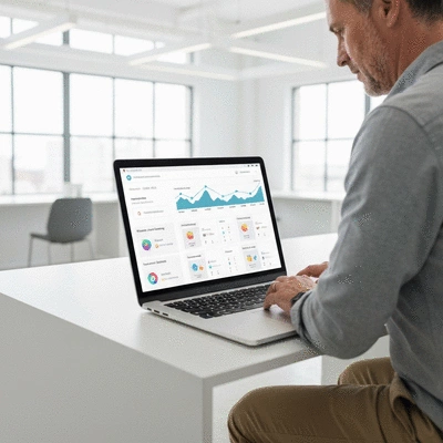 Person interacting with email marketing automation dashboard on a laptop, showing analytics and scheduled emails, clean image, no text, no words, no typography, 8K