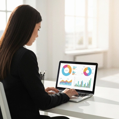 Person using a laptop with charts and graphs, representing data-driven decisions and increased productivity