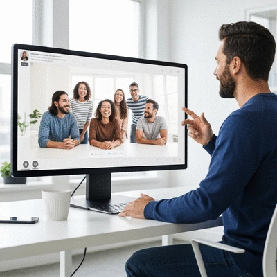 Leader conducting a virtual team-building activity, with diverse participants on screen, illustrating effective remote management, no text, no words, no typography, 8K