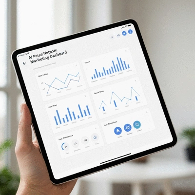 AI-powered network marketing dashboard showing data analytics and team communication