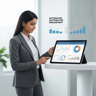 Professional woman using a tablet, illustrating automated distributor engagement with charts and data on screen, bright clean background, no text, no words, no typography, clean image