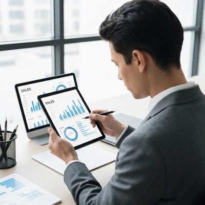 Person analyzing sales metrics on a tablet with charts and data, in a clean office setting