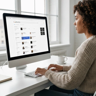 Person monitoring and updating Google Business Profile on a computer, clean and modern interface
