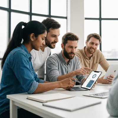 Team members collaborating and training on a mobile app in a modern office setting