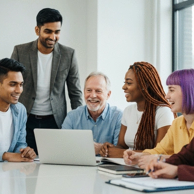 Diverse group of people collaborating happily around a table, representing community building and teamwork