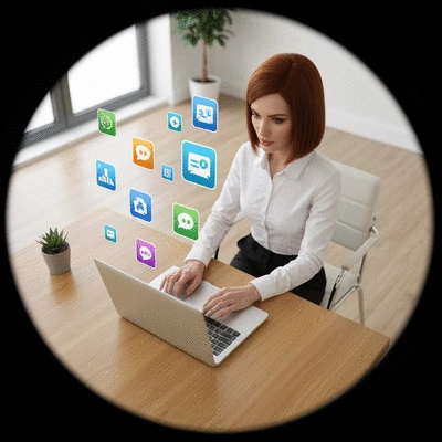 Person researching automation tools on a laptop, with various software icons floating around, illustrating the process of choosing the right tools.