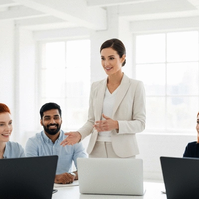 Professional woman leading a virtual team meeting on a laptop, with diverse team members visible on screen, all looking engaged and positive, no text, no words, no typography, 8K