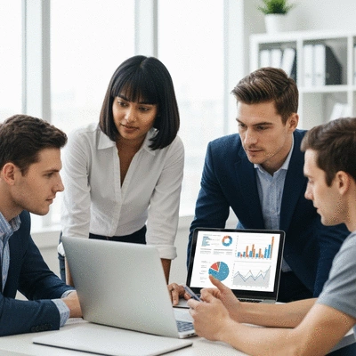 Diverse group of people collaborating on a digital marketing strategy, laptop, tablet, no text, no words