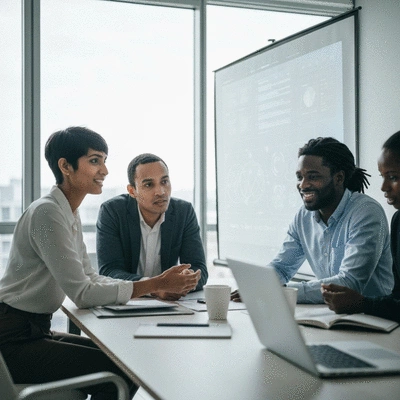 Diverse team collaborating on a transparent AI data visualization, emphasizing ethical AI in business